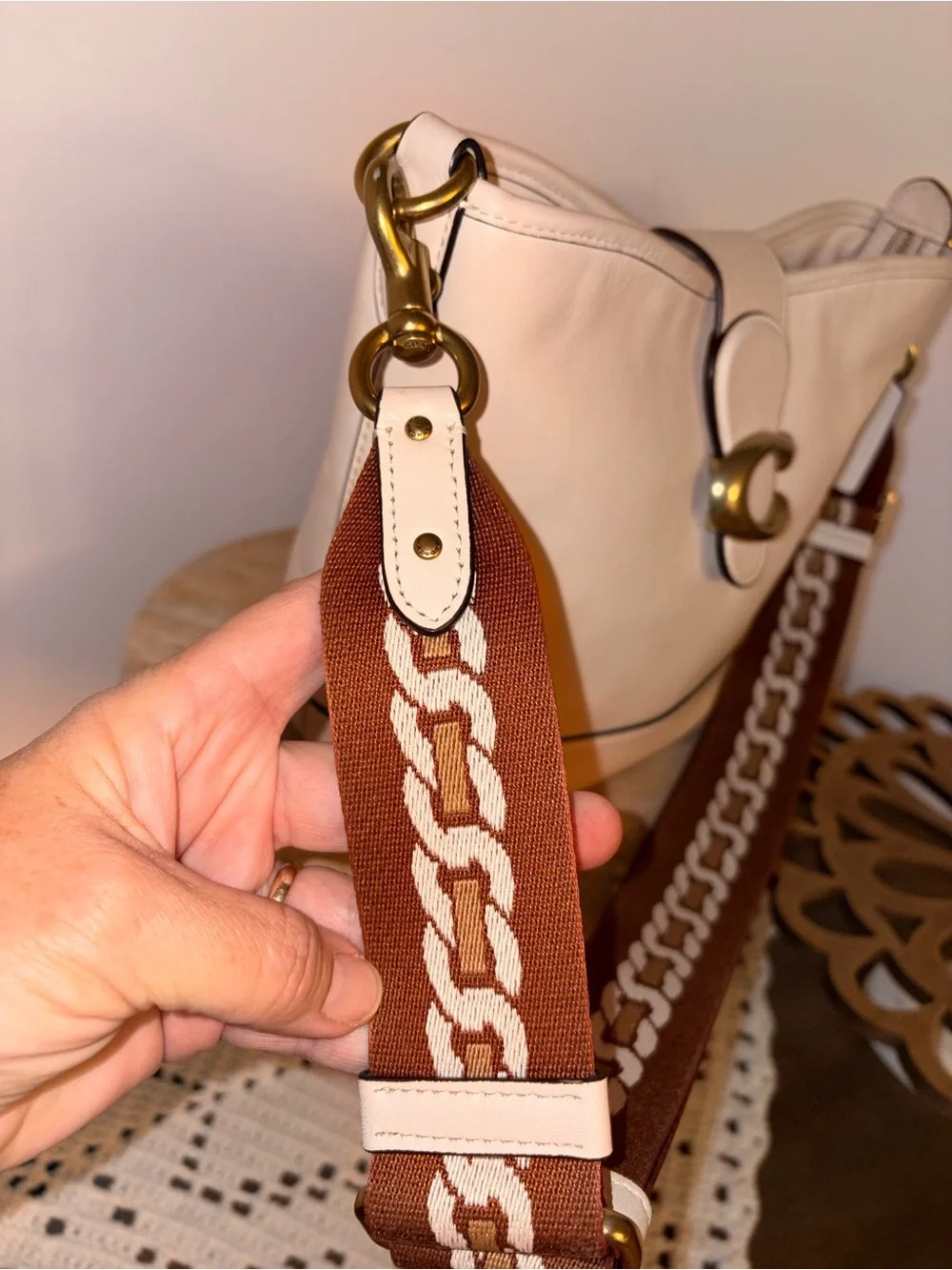 Coach chalk bucket Bag with Brown Patterned Strap and Gold Hardware